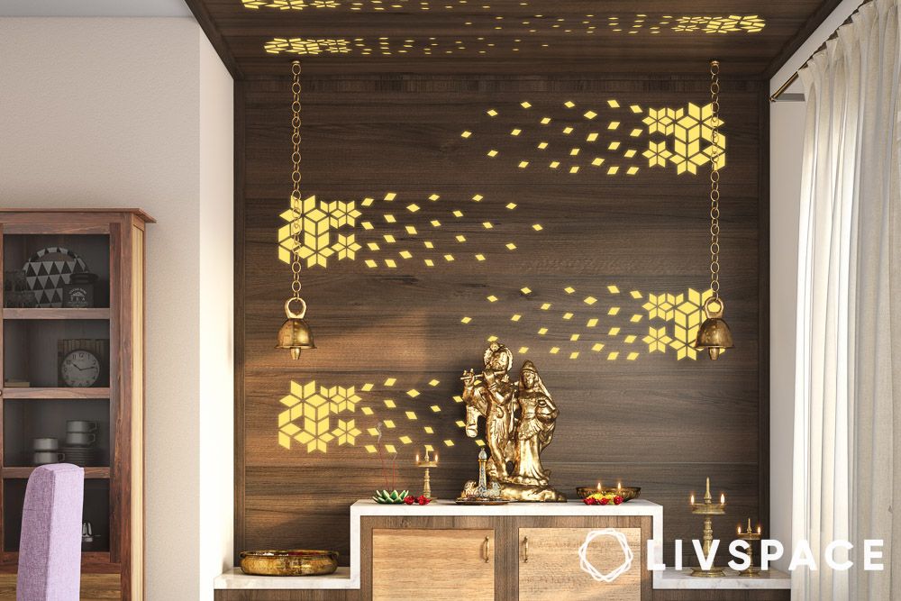 small pooja room designs in apartments with wooden backlight