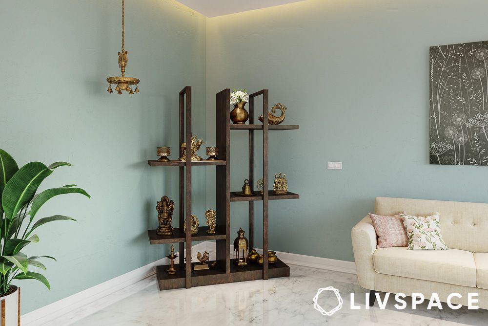 small pooja room design in apartment with floating shelves