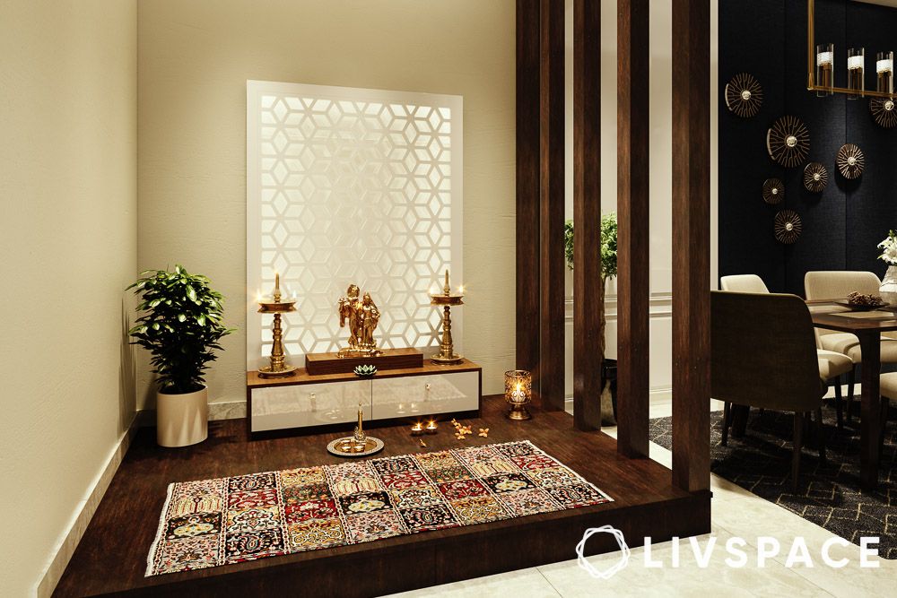 small pooja room design for home with wooden partition