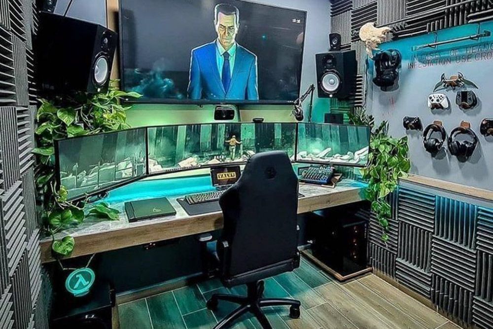 gaming-setup-in-bedroom-with-plants