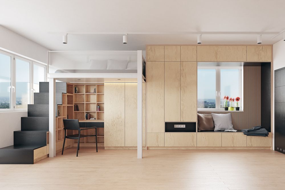 Loft bed with study table in a compact apartment