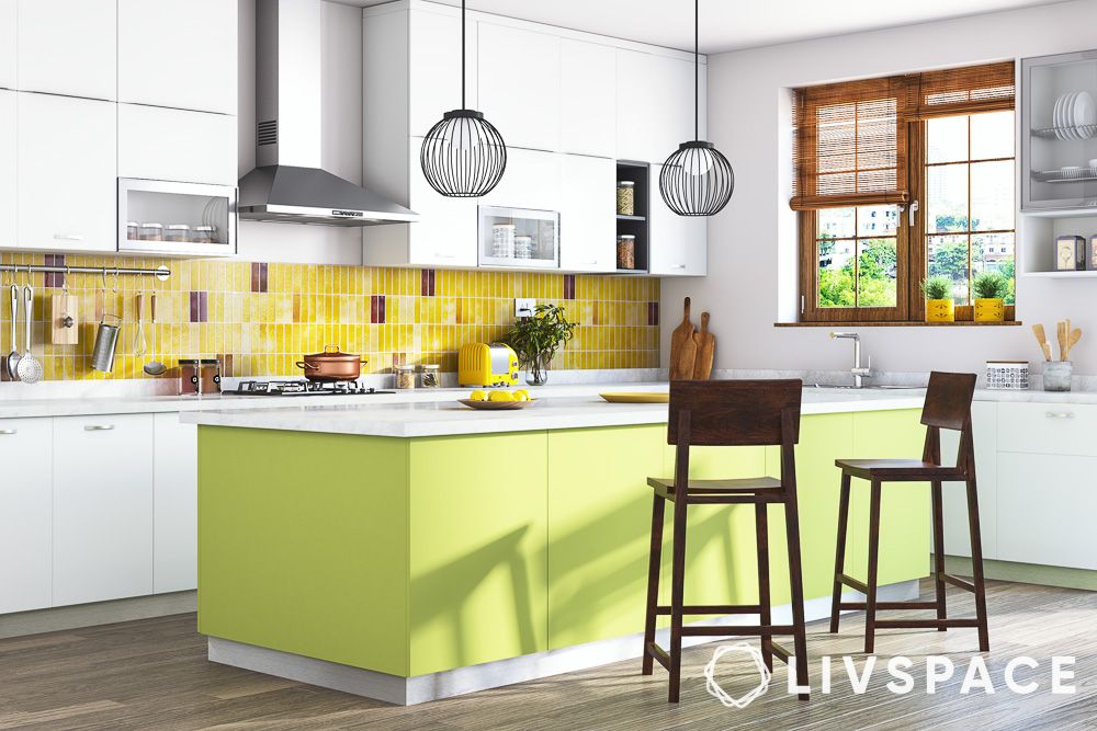 white and lemon green two colour combination for kitchen laminates