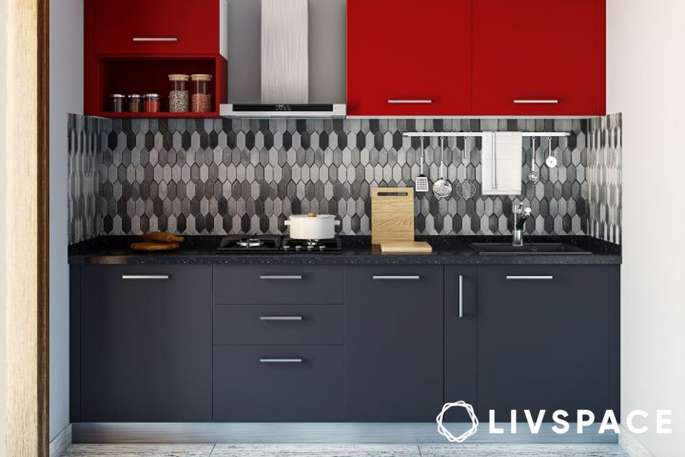 red and black modern two colour combination for kitchen laminates