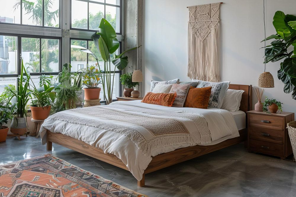 boho-chic-bedroom-ideas-with-polished-concrete-flooring