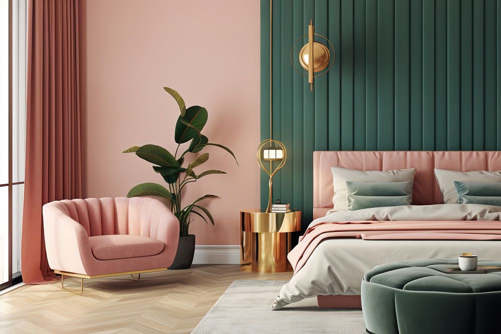 bottle green and pink room colour combination for bedroom
