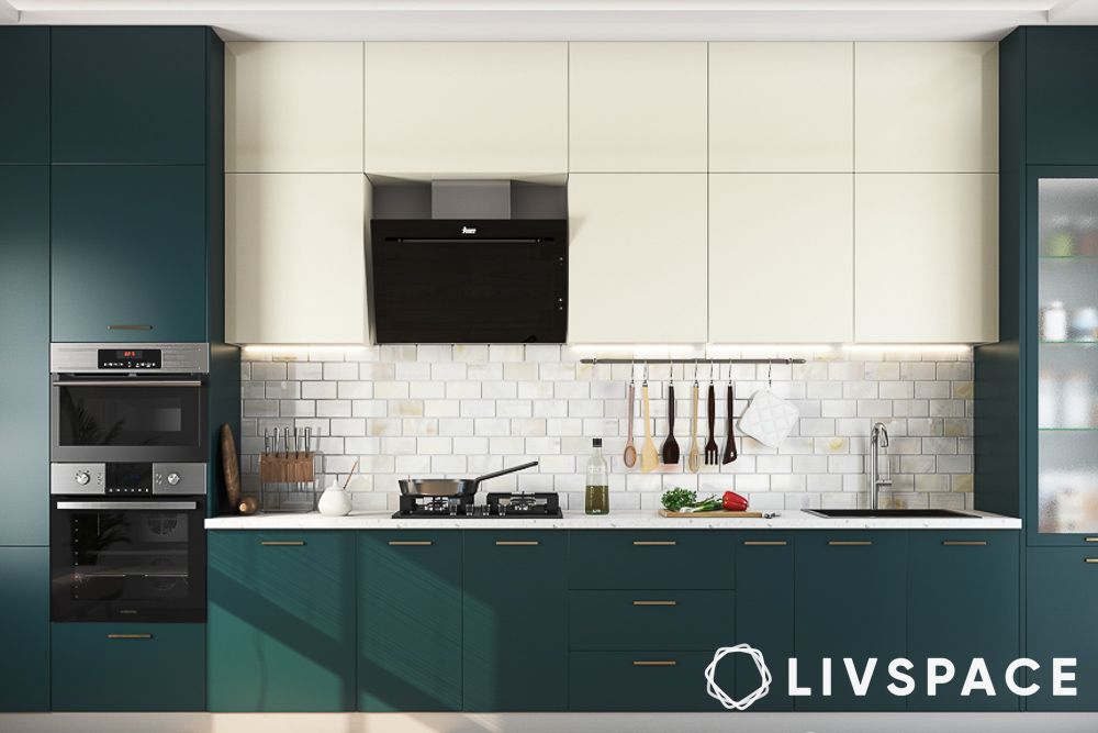 modular kitchen colour combination emerald green and off white