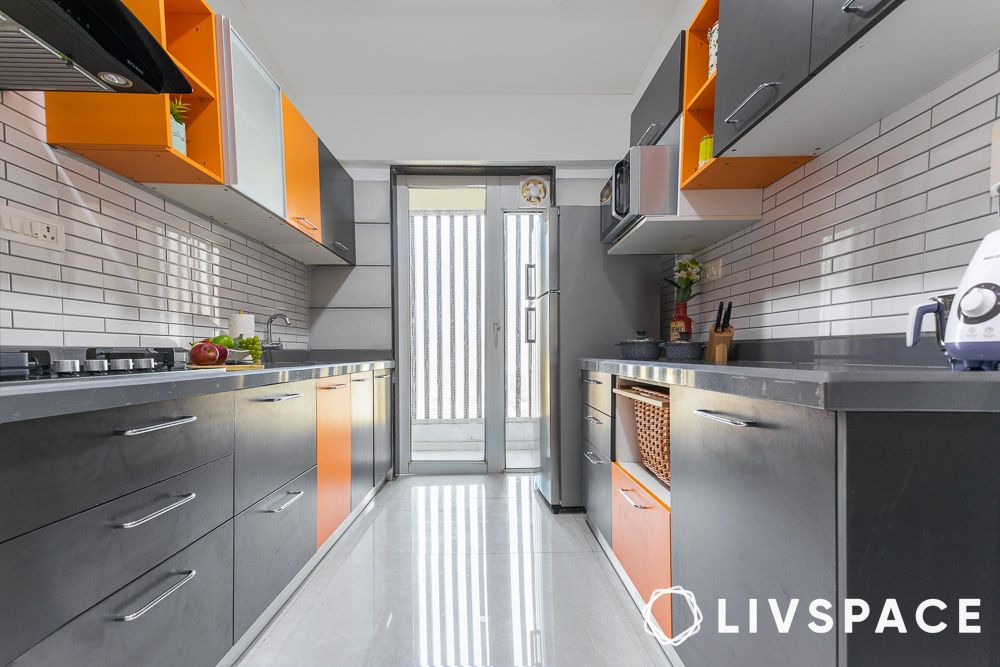 modular kitchen colour combination orange and grey