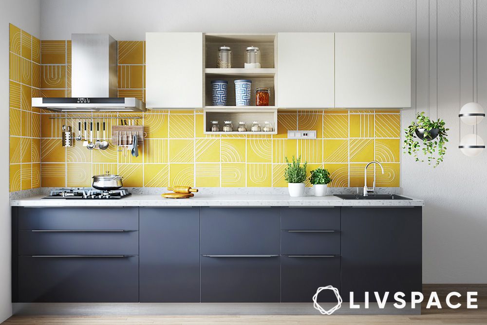 wooden shelving for kitchen with yellow backsplash