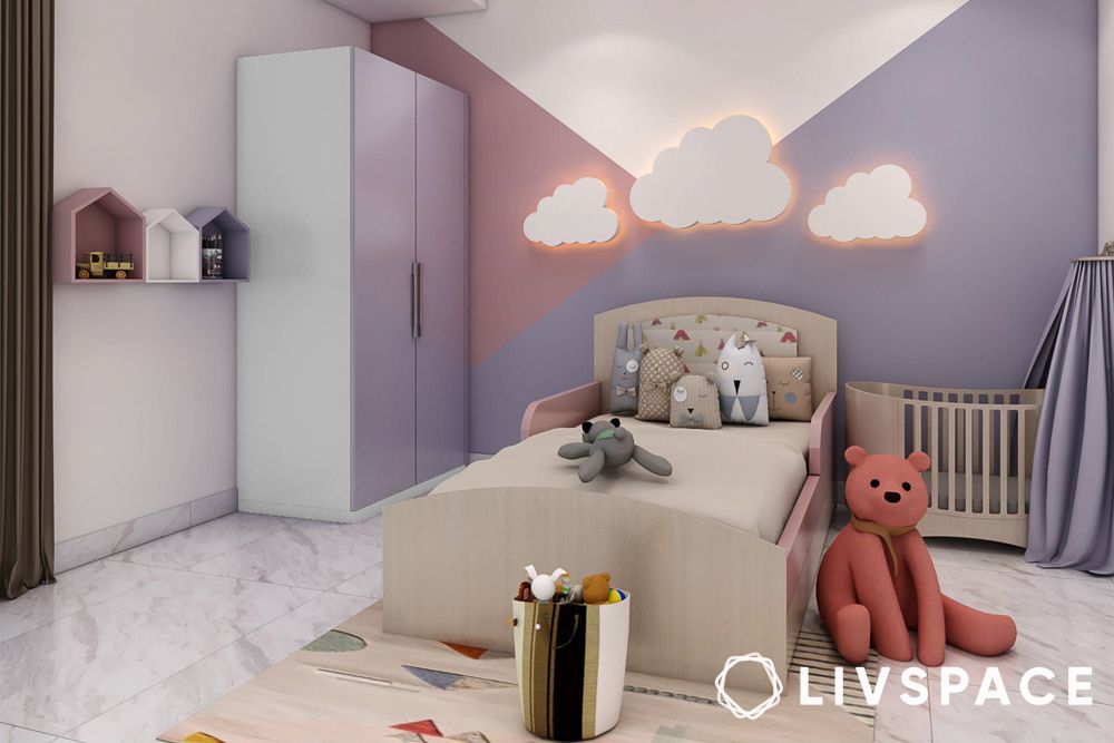 lilac-purple-and-white-wardrobe-in-kids-bedroom-with-3d-clouds-on-wall