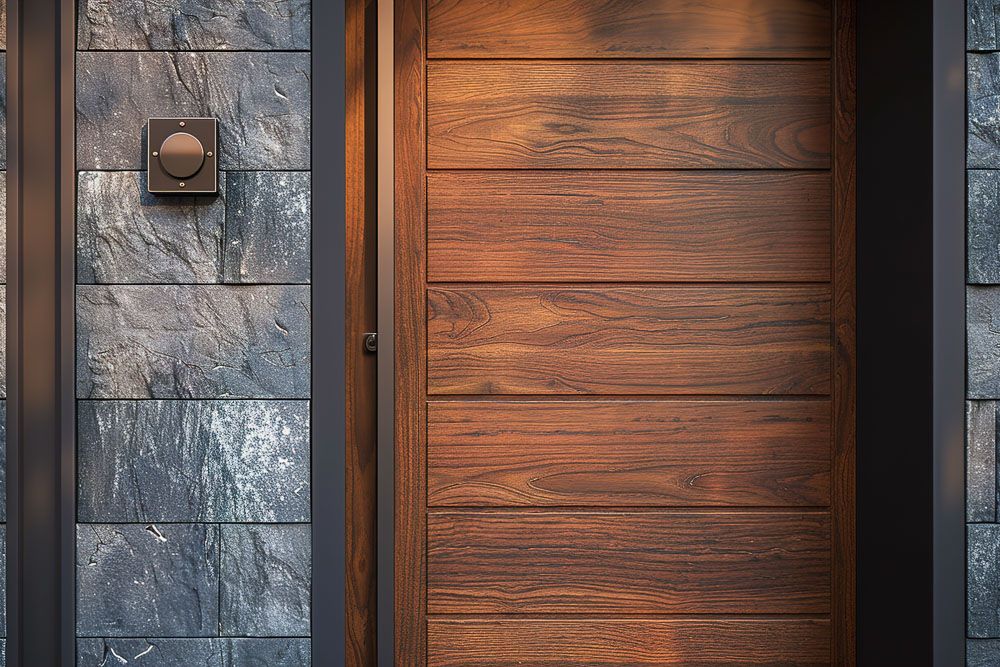 stone wall and teak wood door