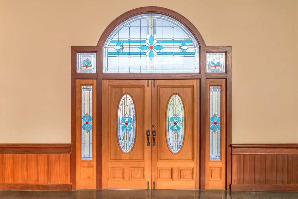 teak wood main double door design with stained glass
