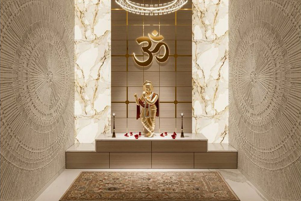 modern pooja room square tiles design