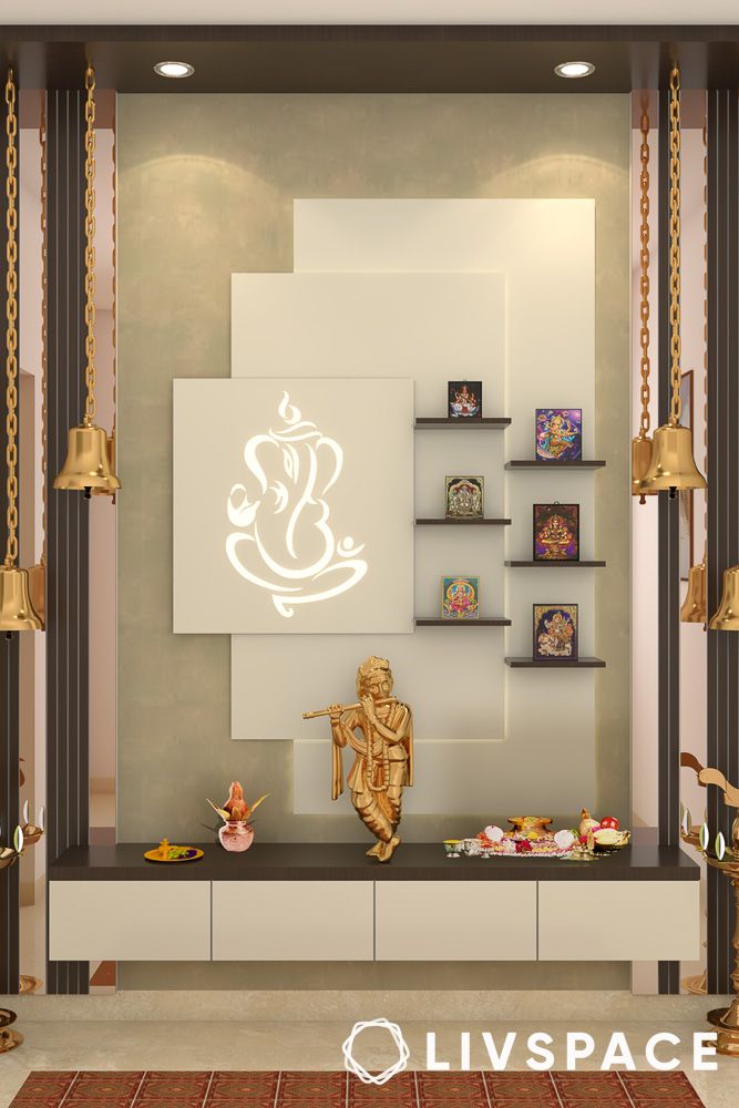 layered tiles design in pooja room