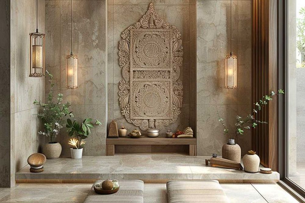 modern pooja room tiles design with granite