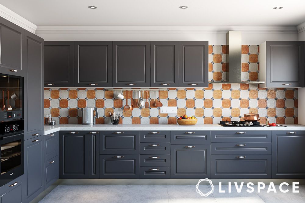 black and white kitchen designs with colourful backsplash