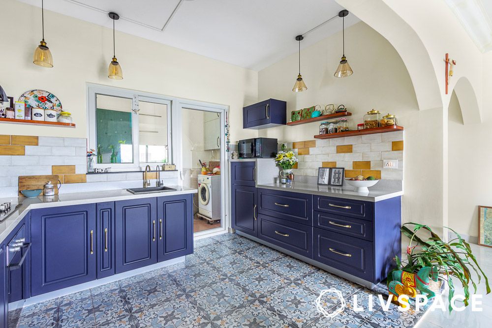 cost of emulsion paint for modular kitchen renovation with blue cabinets