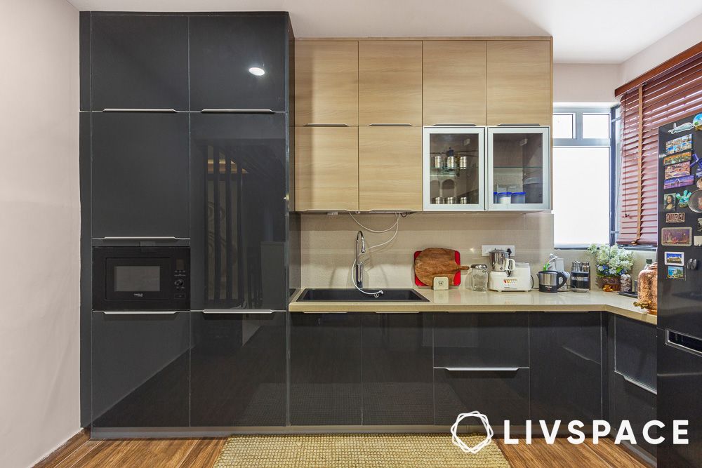 wood finish upper cabinets with tall units