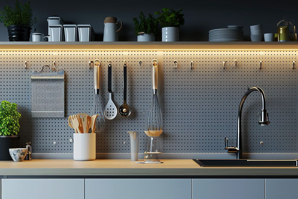 decorative wall kitchen with pegboard