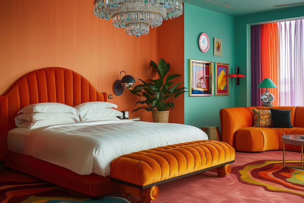 orange and turquoise solid bedroom wall colours