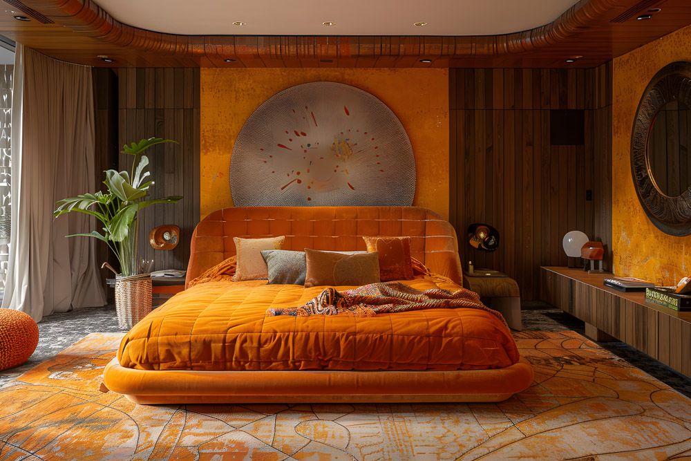 orange and brown bedroom wall colours with rustic wall decor