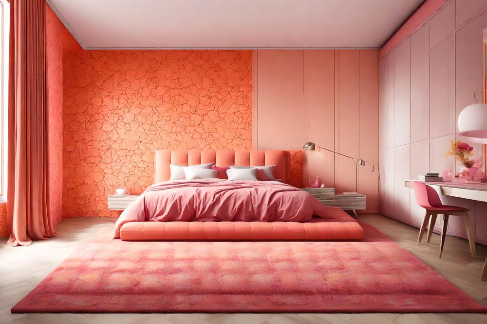 orange and peach bedroom wall colours with textured wallpaper