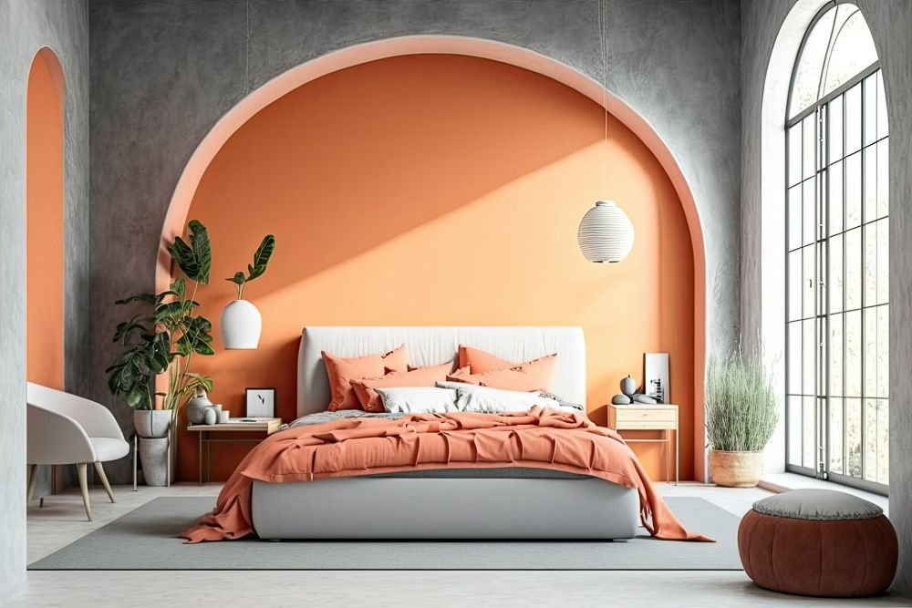 orange-and-grey-wall-colours-in-an-arched-bedroom