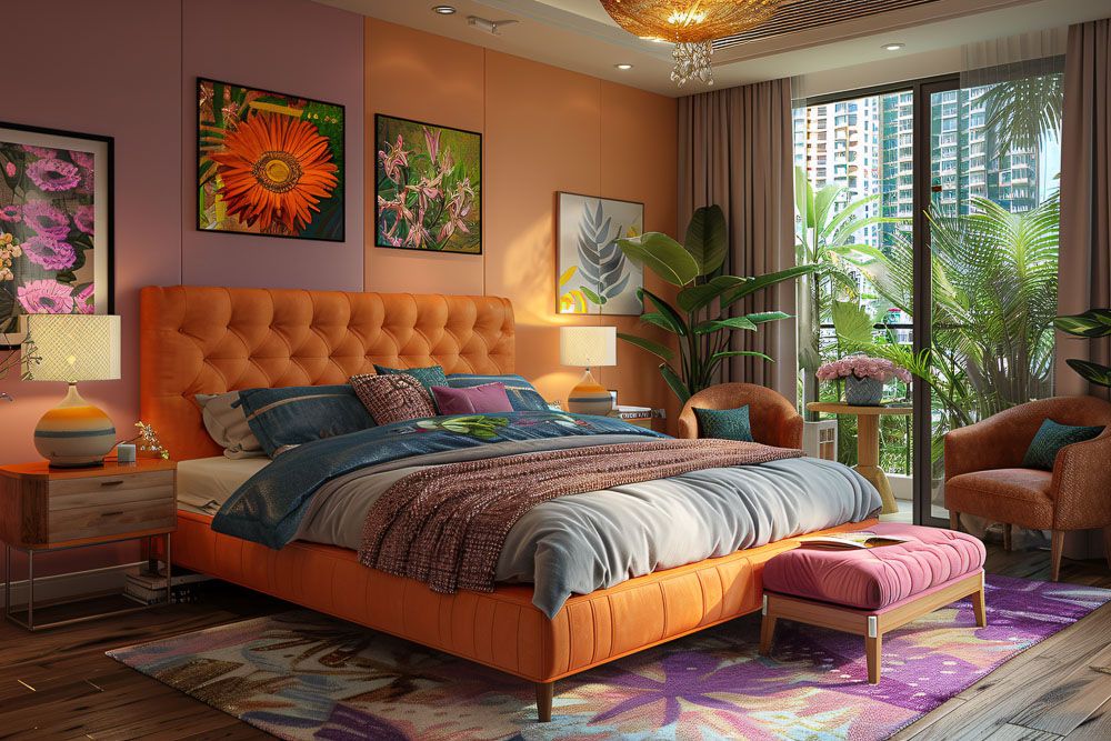 orange and pastel purple wall colours in a bohemian bedroom
