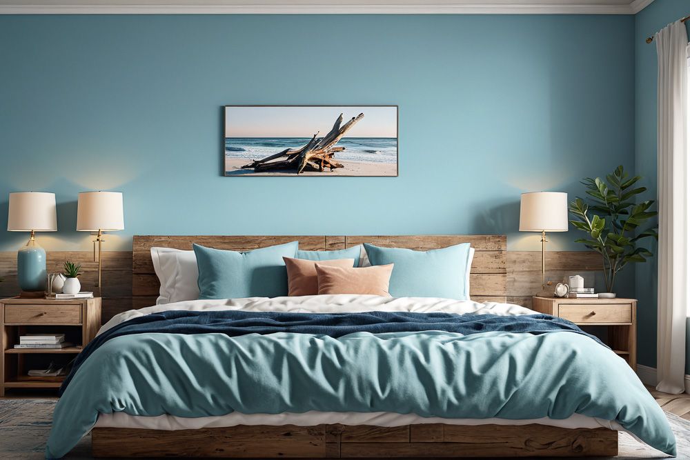 pewter sky blue and brown two colour combination for bedroom walls
