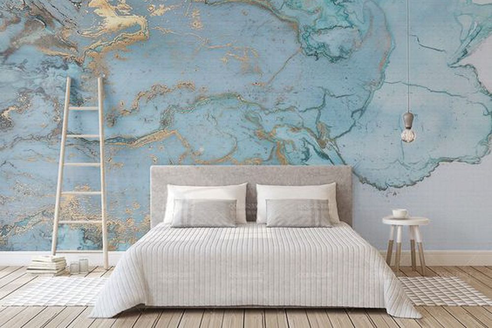 gold and shades of sky blue two colour combination for bedroom walls