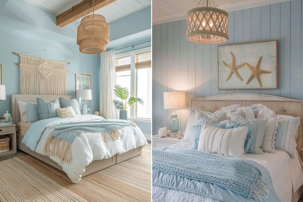 beige wall art and sky blue bedroom wall