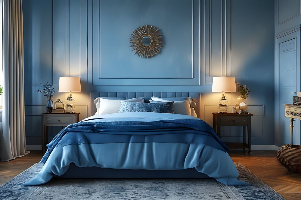 gold wall decor idea and sky blue bedroom wall