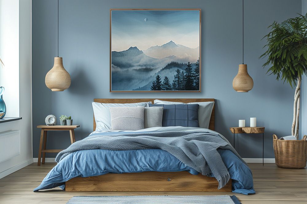 framed art in shades of blue and sky blue bedroom wall