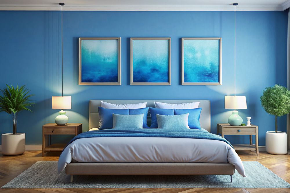 framed-art-in-shades-of-blue-on-a-sky-blue-bedroom-wall