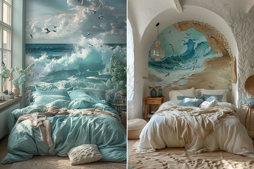 3d wall art in shades of blue on a sky blue bedroom wall
