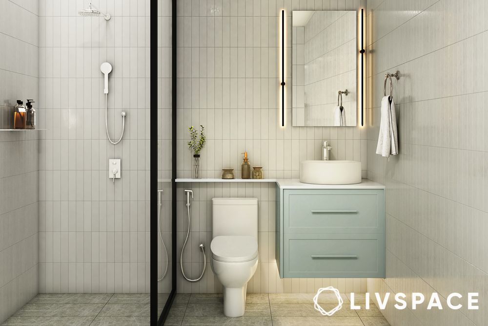 bathrooms with white tiles vertical subway