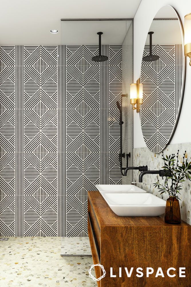artistic black and white tile bathroom