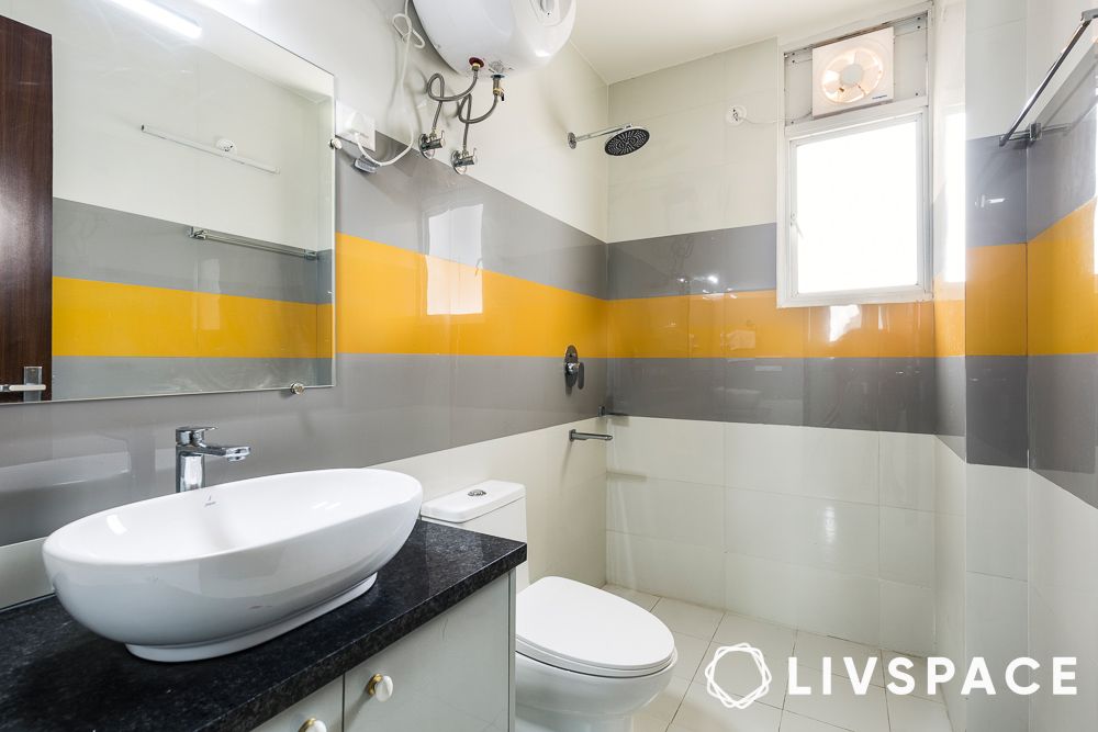 bathrooms with white tiles colour block