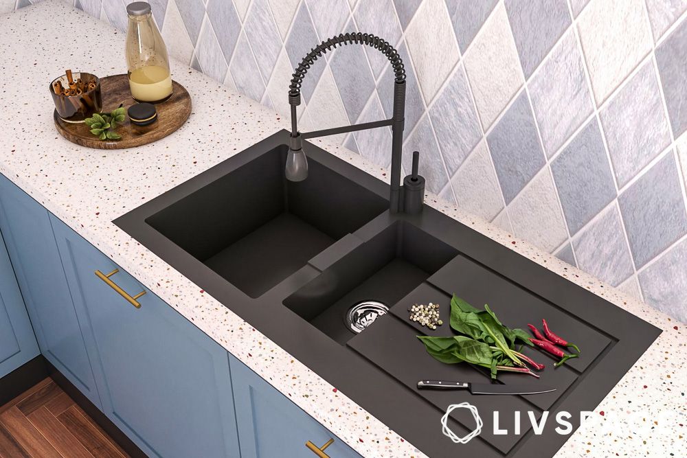 black contemporary kitchen sink on terrazo countertop