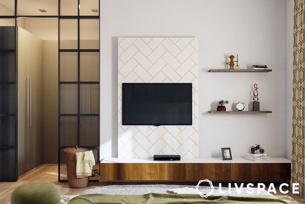 tv panel design for hall in herringbone pattern