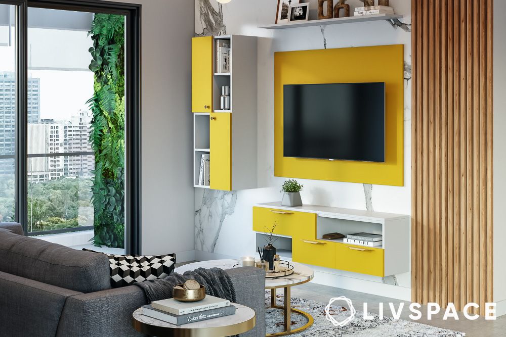 yellow tv panel design for hall