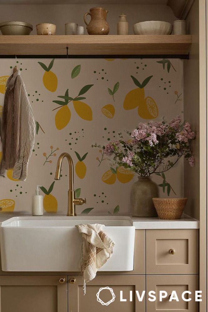 cute wallpaper design for kitchen with lemons and flowers
