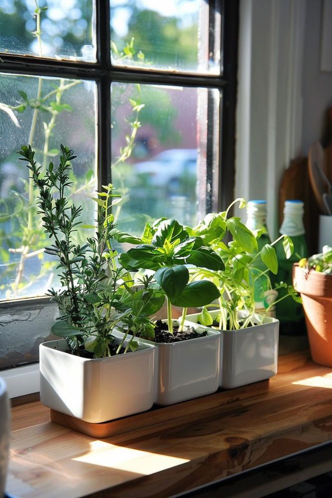 herbs in white planters with sunlight shining inside a kitchen