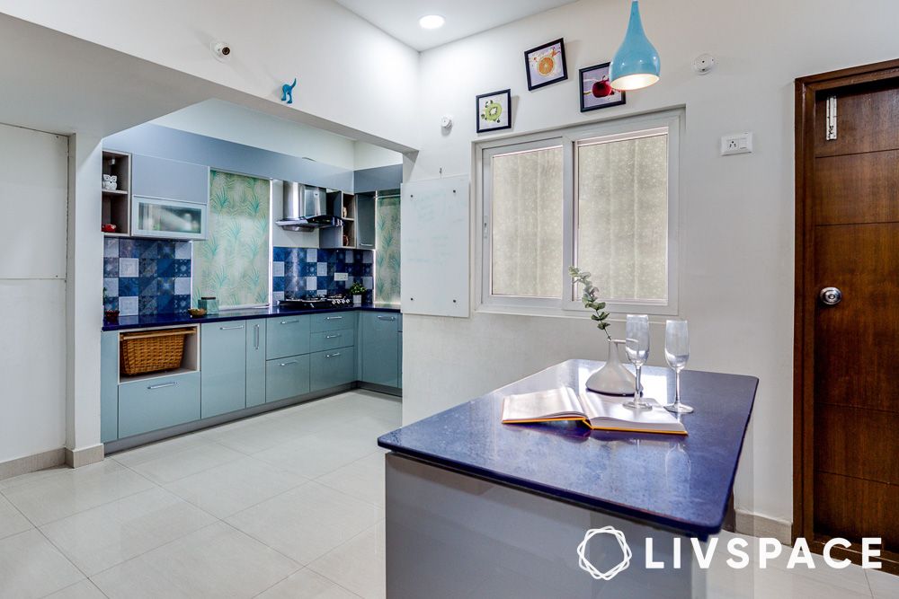 blue cabinets and counter