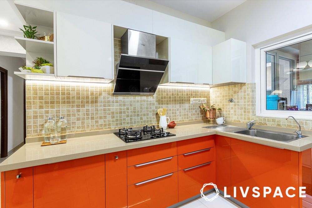 kitchen with orange base cabinets