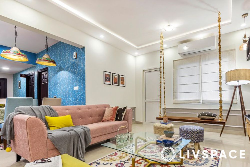indian interior design styles with jhoola and sofas