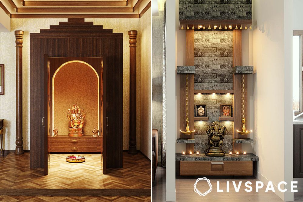 indian home design with traditional pooja room made of wood and stone