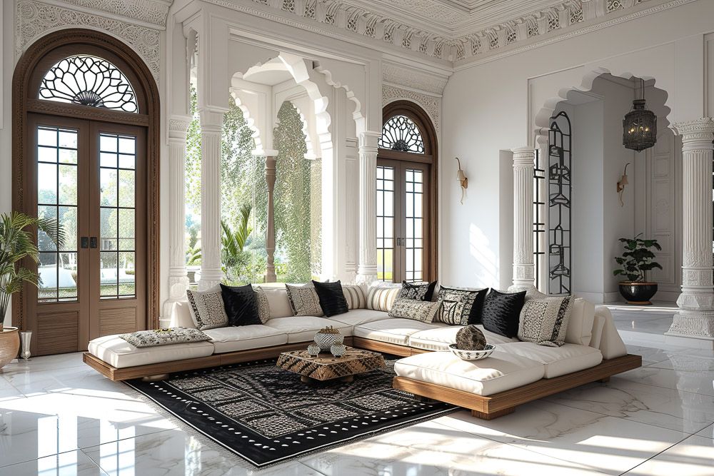 indian house interior design with arches and pillars