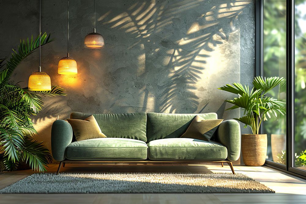 gray walls and sage green sofa in a living room