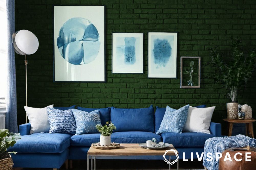 dark sage green room ideas with brick wall