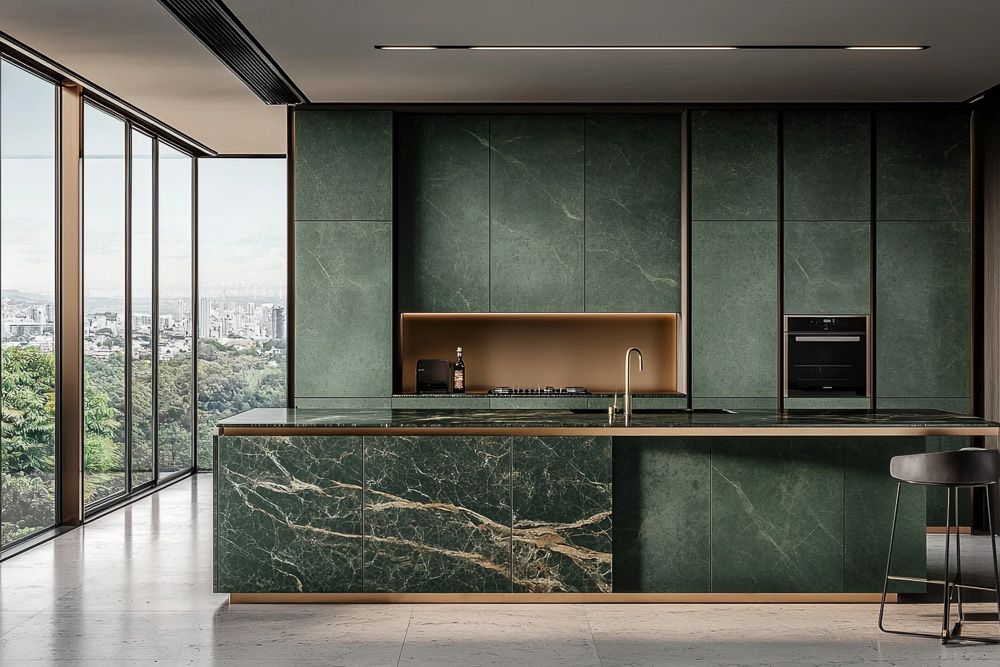 sage green paint colours on a granite island kitchen
